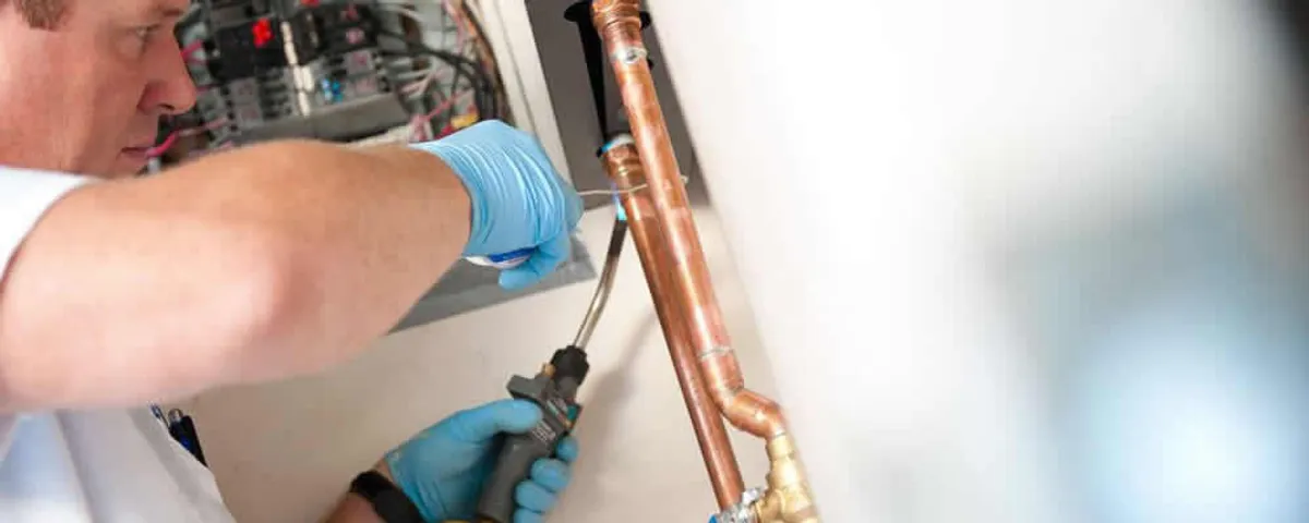 Water heater repair technician testing copper pipe connections and controls in West Palm Beach, FL